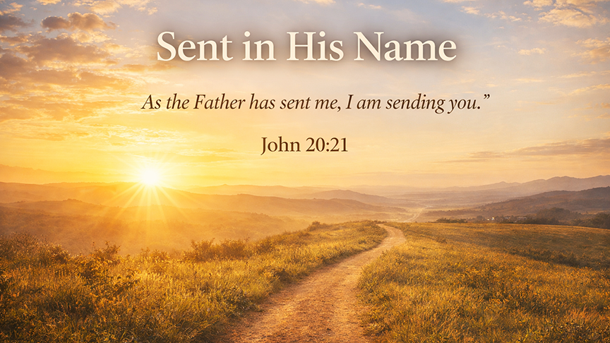 Sent in His Name, A wide 16:9 photo-realistic image of a sunlit path leading out across an open landscape, with warm morning light and a sense of forward movement, symbolizing the call of the risen Christ to go into the world.