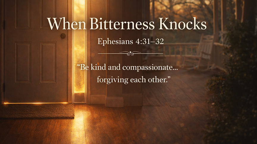 When Bitterness Knocks, A wide 16:9 photo-realistic image of a closed front door with early morning light spilling through the edges, a simple doormat and a calm, quiet porch scene, symbolizing a choice about what we allow into our hearts. 