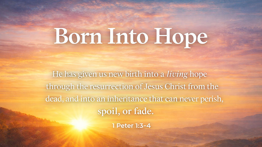 Born Into Hope, A wide 16:9 photo-realistic image of sunrise breaking over a quiet hillside with warm golden light filling the sky, symbolizing living hope through the resurrection of Jesus.