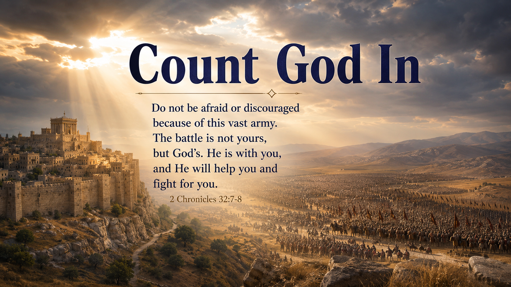 Count God In — A wide 16:9 photo-realistic image of a small ancient city facing a vast army in the distance while bright light rests over the city walls. The scene symbolizes the truth that though human strength may look overwhelming, the Lord is with His people to help them and fight for them. The image includes the title Count God In and a paraphrase of 2 Chronicles 32:7–8.