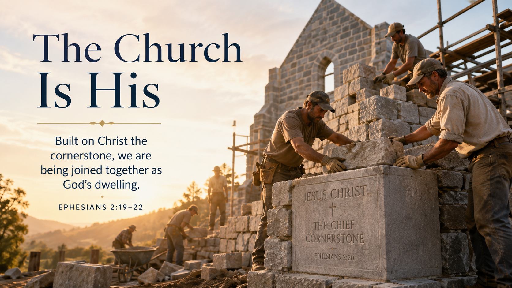 The Church Is His. A wide 16:9 photo-realistic image of a stone church being built around a prominent cornerstone in warm morning light, with workers placing stones together. The image includes the title The Church Is His and a paraphrase of Ephesians 2:19–22.