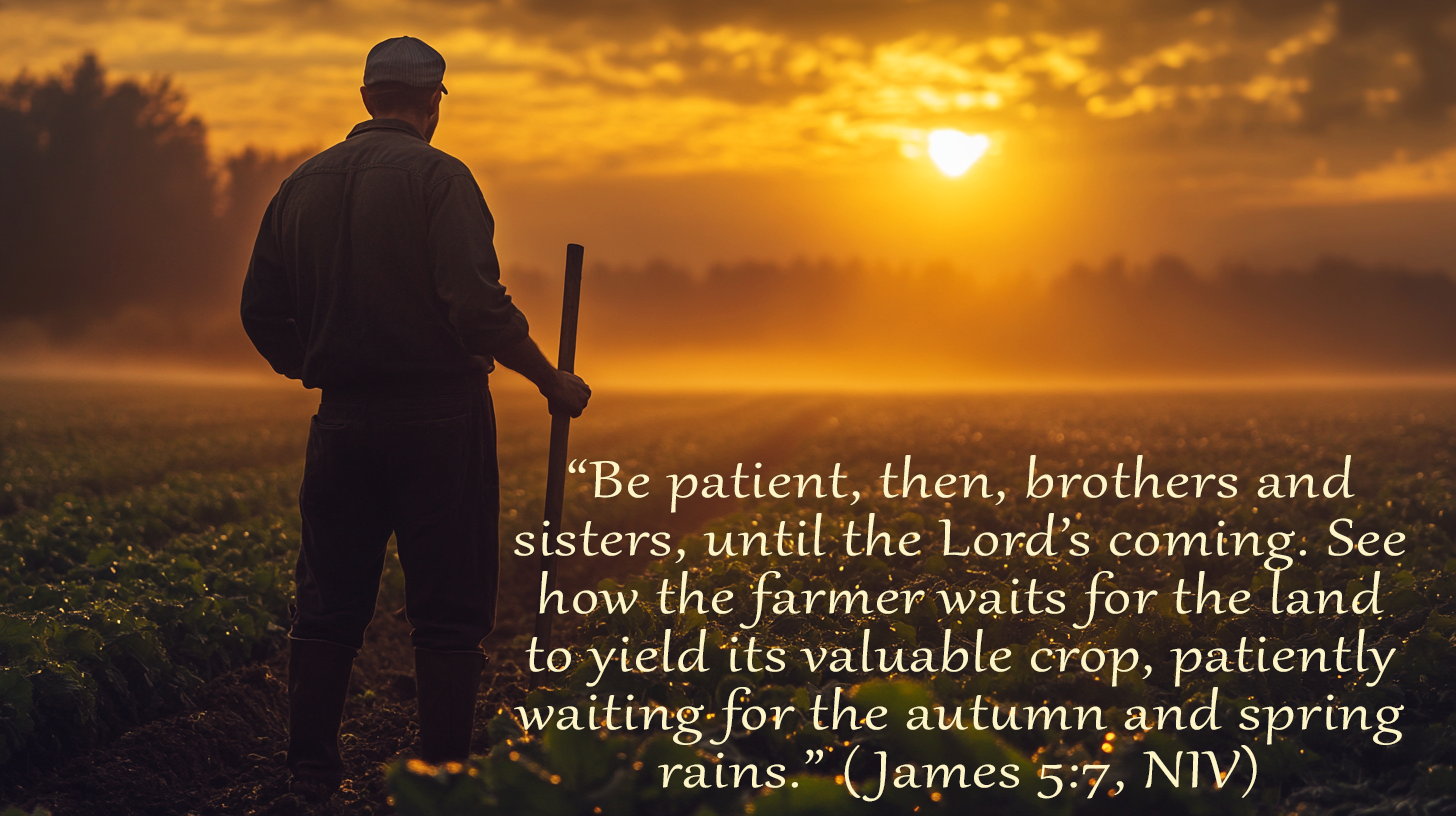 Farmer in misty dawn field representing Steady Joy—Advent patience, faith, and trust in God’s timing from James 5:7–10.