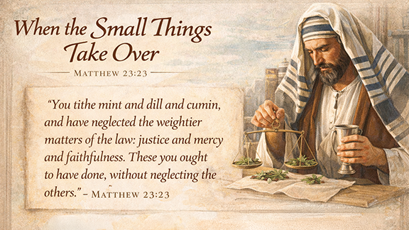 When the Small Things Take Over — A 16:9 devotional image showing a bearded religious leader in traditional robes carefully weighing small herbs on a balance scale while holding a cup, symbolizing meticulous attention to ritual. The background is soft and neutral, drawing focus to the act of measuring. Overlaid text includes Matthew 23:23, highlighting Jesus’ warning about neglecting justice, mercy, and faithfulness while focusing on minor details. The image visually contrasts precise religious practice with the deeper call to love and compassion.