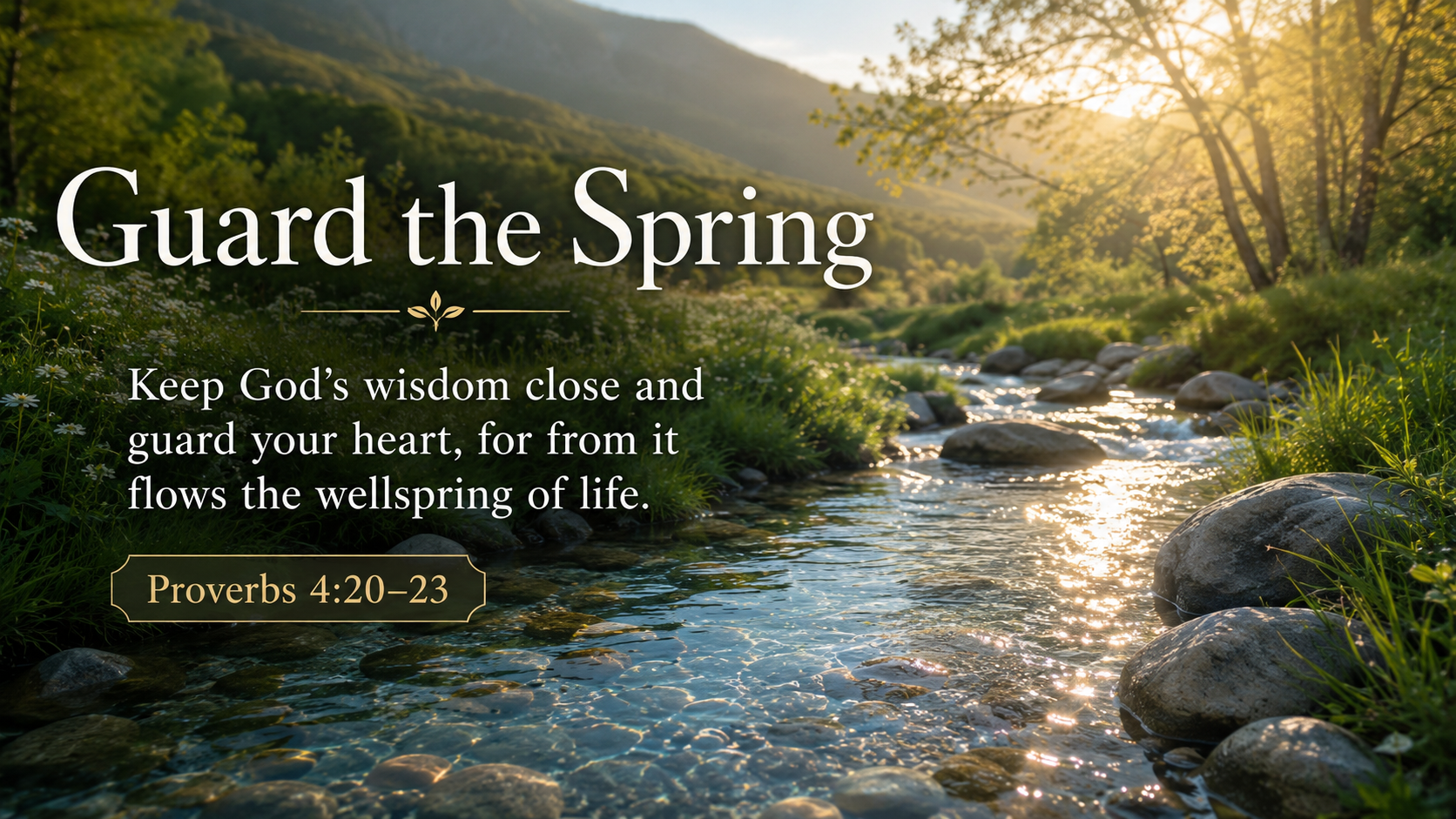 Guard the Spring: A wide 16:9 photo-realistic image of a clear spring flowing through green grass and smooth stones, with sunlight reflecting on the water. The image includes the title Guard the Spring and a paraphrase of Proverbs 4:20&ndash;23.