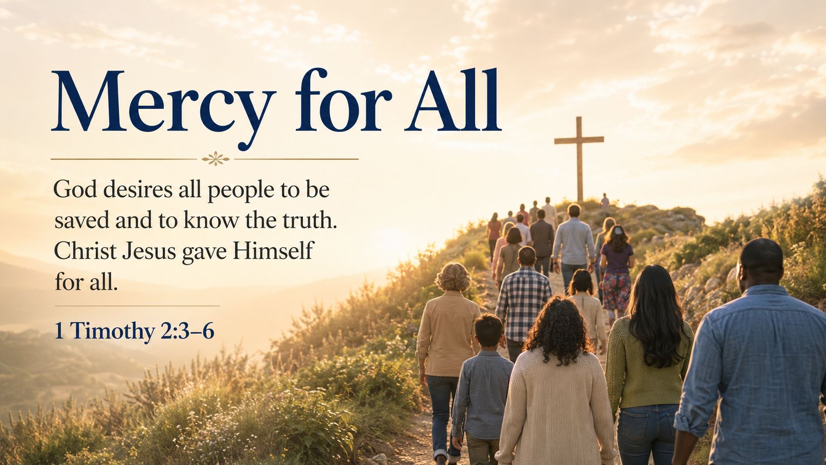 Mercy for All: A wide 16:9 photo-realistic image of a diverse group of people standing along a sunlit path leading toward a simple wooden cross in the distance. The image includes the title Mercy for All and a paraphrase of 1 Timothy 2:3–6.