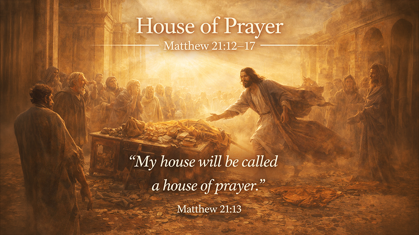 House of Prayer — A wide 16:9 photo-realistic image of Jesus in the temple overturning tables while light streams through the courtyard and people watch in shock. 