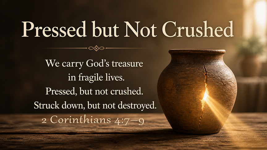 Pressed but Not Crushed, a wide 16:9 photo-realistic image of a simple clay jar sitting on a wooden table with warm light shining through a small crack, symbolizing God’s power shining through human weakness. The image includes the title Pressed but Not Crushed and a paraphrase of 2 Corinthians 4:7–9.