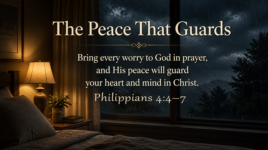 The Peace That Guards, a wide 16:9 photo-realistic image of a quiet bedroom window during a storm, with warm lamplight glowing inside and rain outside, symbolizing God’s peace guarding the heart in anxious moments. The image includes the title The Peace That Guards and a paraphrase of Philippians 4:4–7.