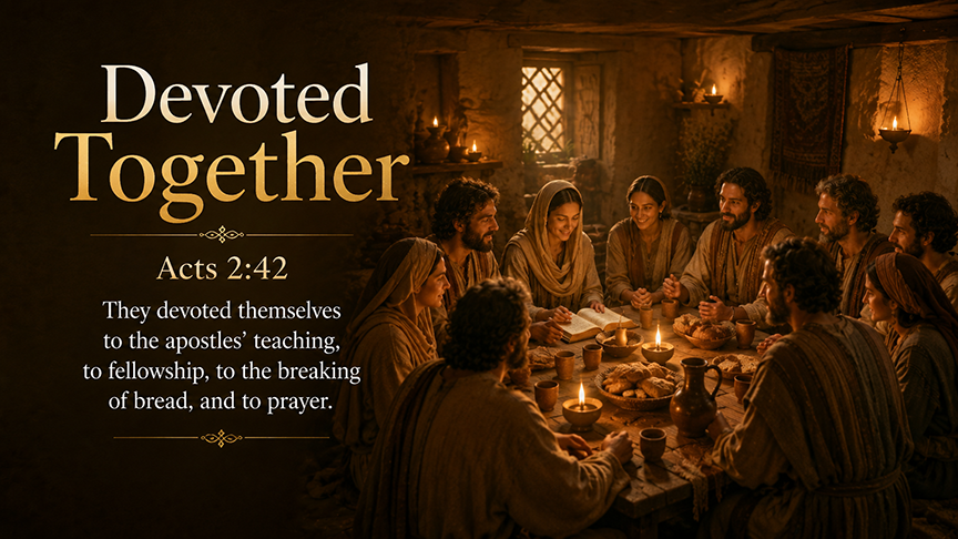 Devoted Together, a wide 16:9 photo-realistic image of believers gathered around a simple table with bread, cups, an open Bible, and warm candlelight, with a peaceful sense of prayer and fellowship, symbolizing Acts 2:42 and the early Church devoted to teaching, fellowship, breaking bread, and prayer. The image includes the title and a paraphrase of the text