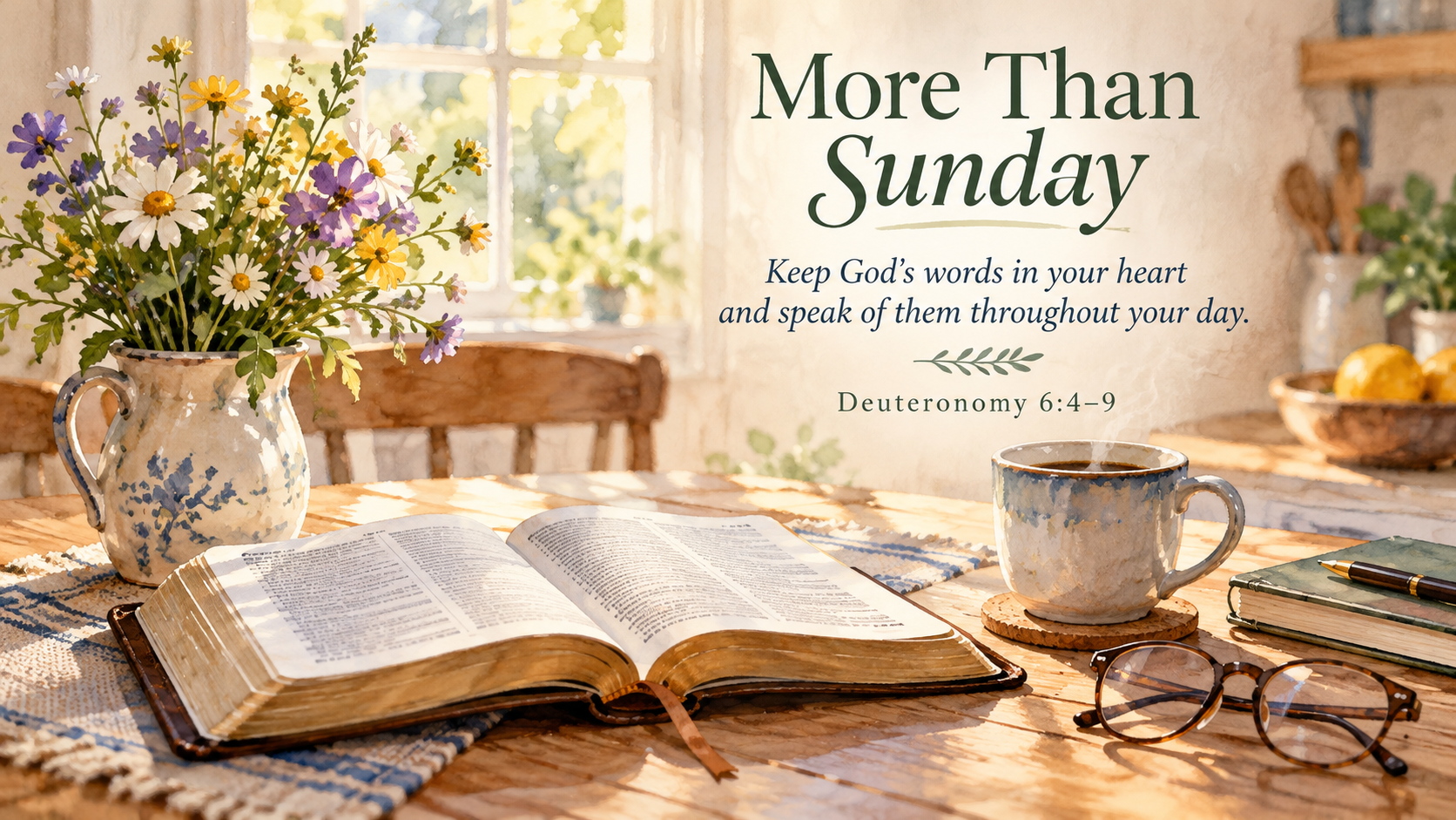 Wide 16:9 warm watercolor still life of a kitchen table in gentle morning light, with an open Bible, coffee cup, reading glasses, and a small vase of wildflowers. The setting represents faith practiced in ordinary life. Include the visible title "More Than Sunday," the Scripture paraphrase "Keep God's words in your heart and speak of them throughout your day," and "Deuteronomy 6:4&ndash;9."