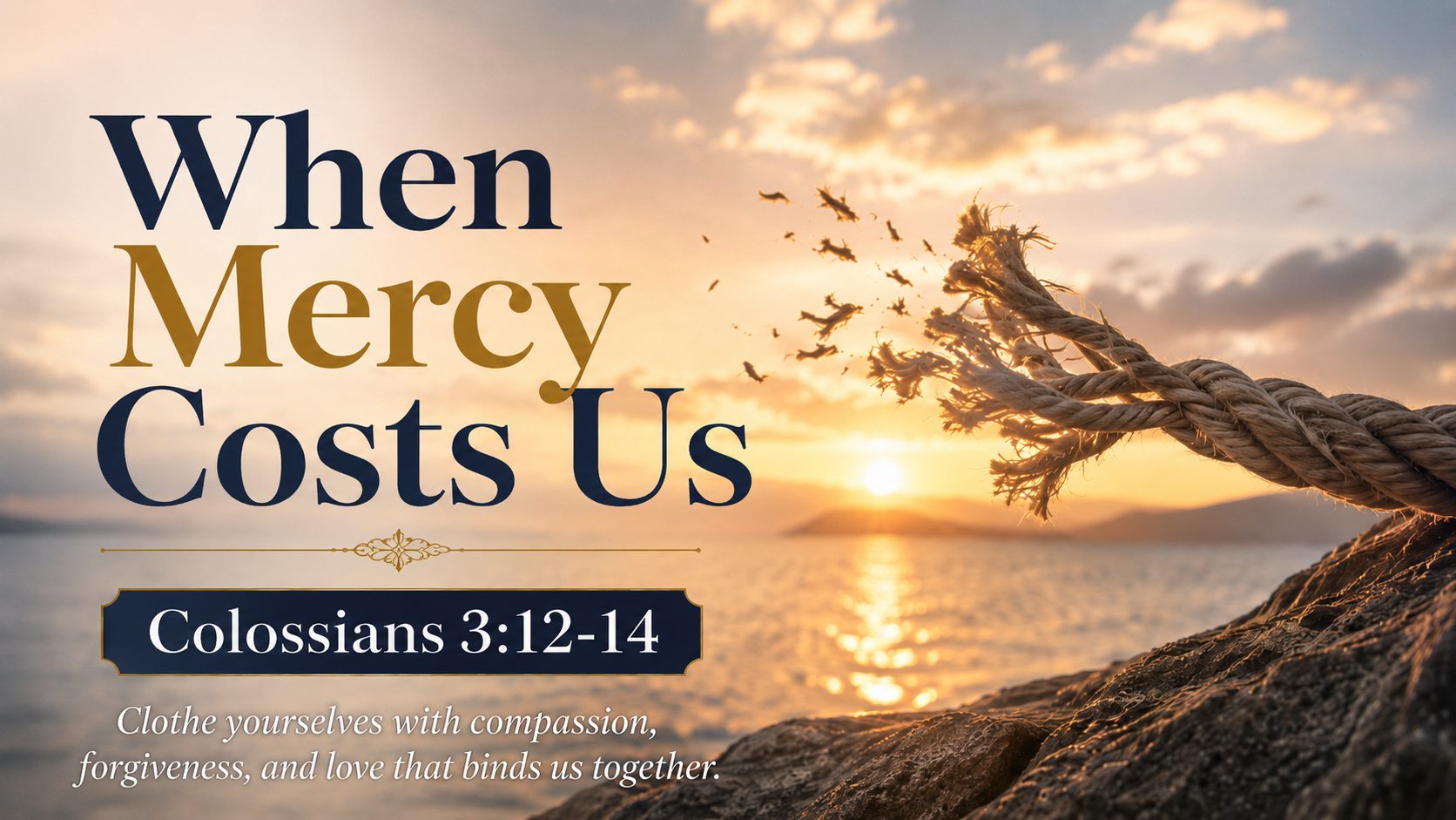When Mercy Costs Us A wide, photorealistic image of two hands releasing a frayed rope over calm water at sunrise, symbolizing the costly grace of releasing resentment without denying the reality of hurt.