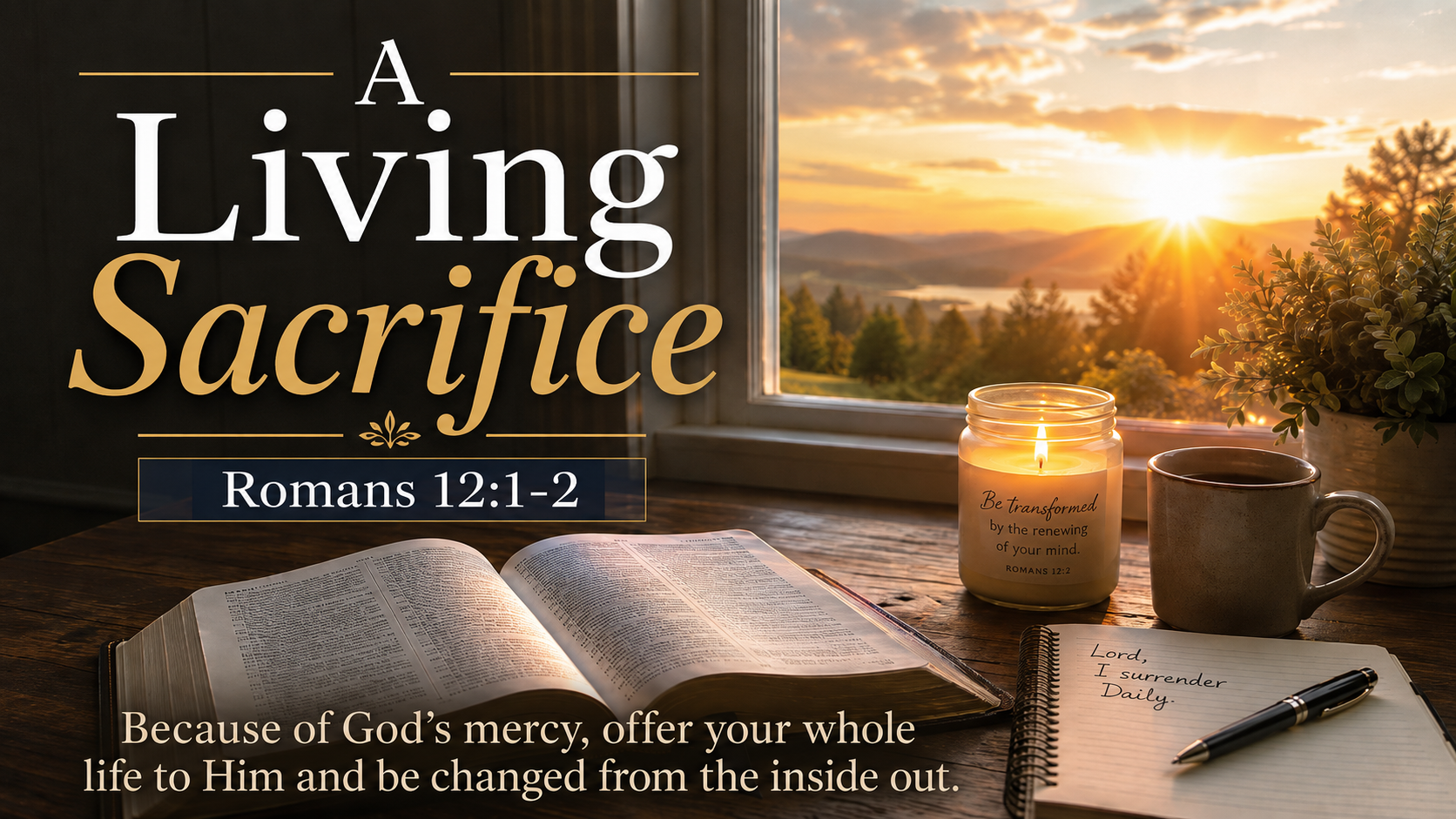 A Living Sacrifice A wide, photorealistic image of an open Bible beside a simple lit candle and a pair of working hands on a wooden table at dawn, symbolizing the daily offering of ordinary life to God.