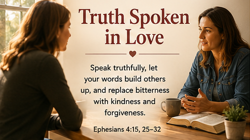 Truth spoken in love A wide image of two people talking across a simple wooden table with an open Bible between them and warm sunlight filling the room. The image includes the title Truth Spoken in Love and the paraphrase, &ldquo;Speak truthfully, let your words build others up, and replace bitterness with kindness and forgiveness.&rdquo;