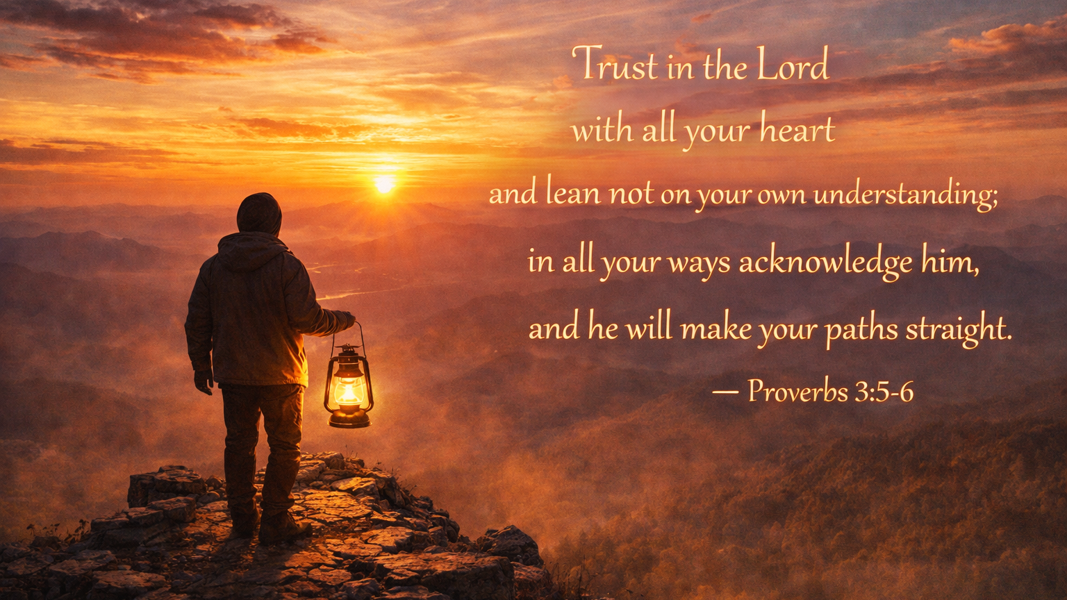Wide sunset image of a person standing on a mountain overlook holding a lantern, gazing toward an unknown horizon, reflecting trust in God when the path ahead is unclear.
