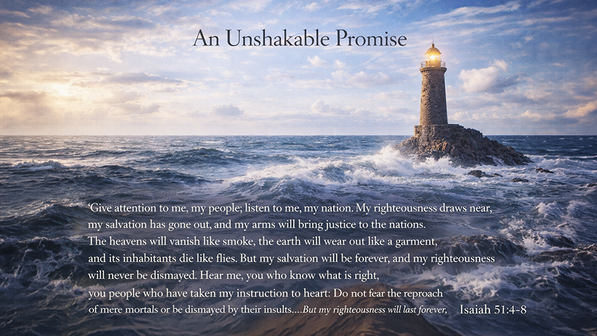 An Unshakable Promise — A wide 16:9 photo-realistic image of an ancient stone lighthouse standing firm against rolling ocean waves beneath a bright, steady sky. The image includes the title An Unshakable Promise and the full scripture text of Isaiah 51:4–8, symbolizing God’s enduring faithfulness.