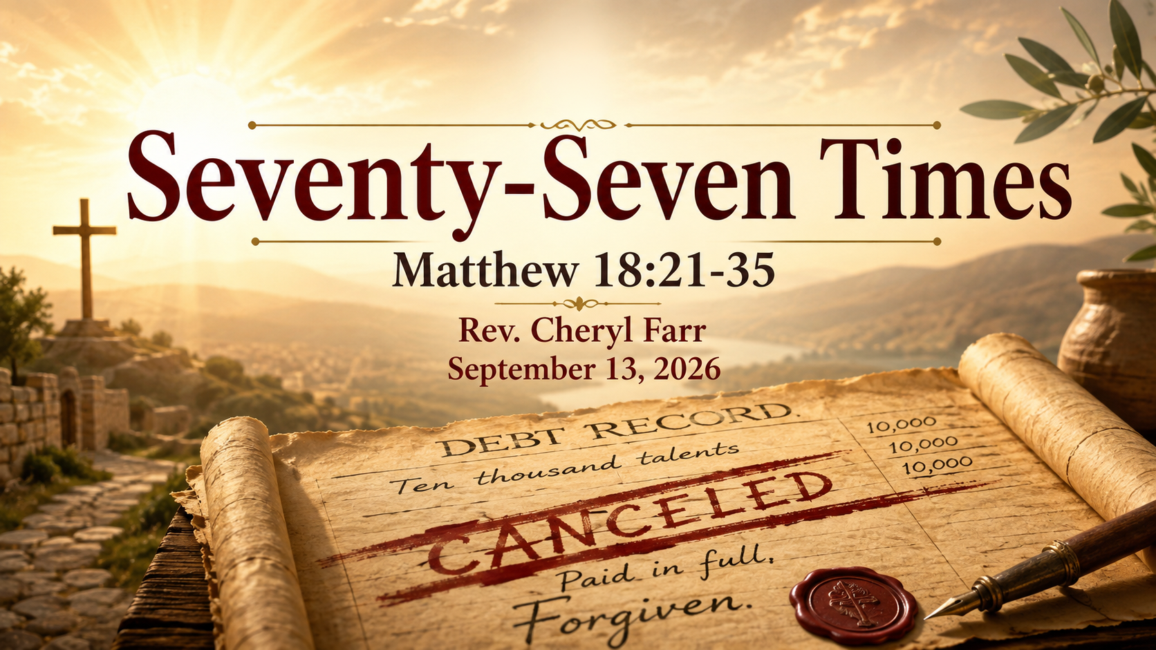 Wide image for Seventy-Seven Times based on Matthew 18:21&ndash;35, illustrating overwhelming mercy and the release of a debt, with the title and Scripture reference emphasizing forgiveness without keeping score.