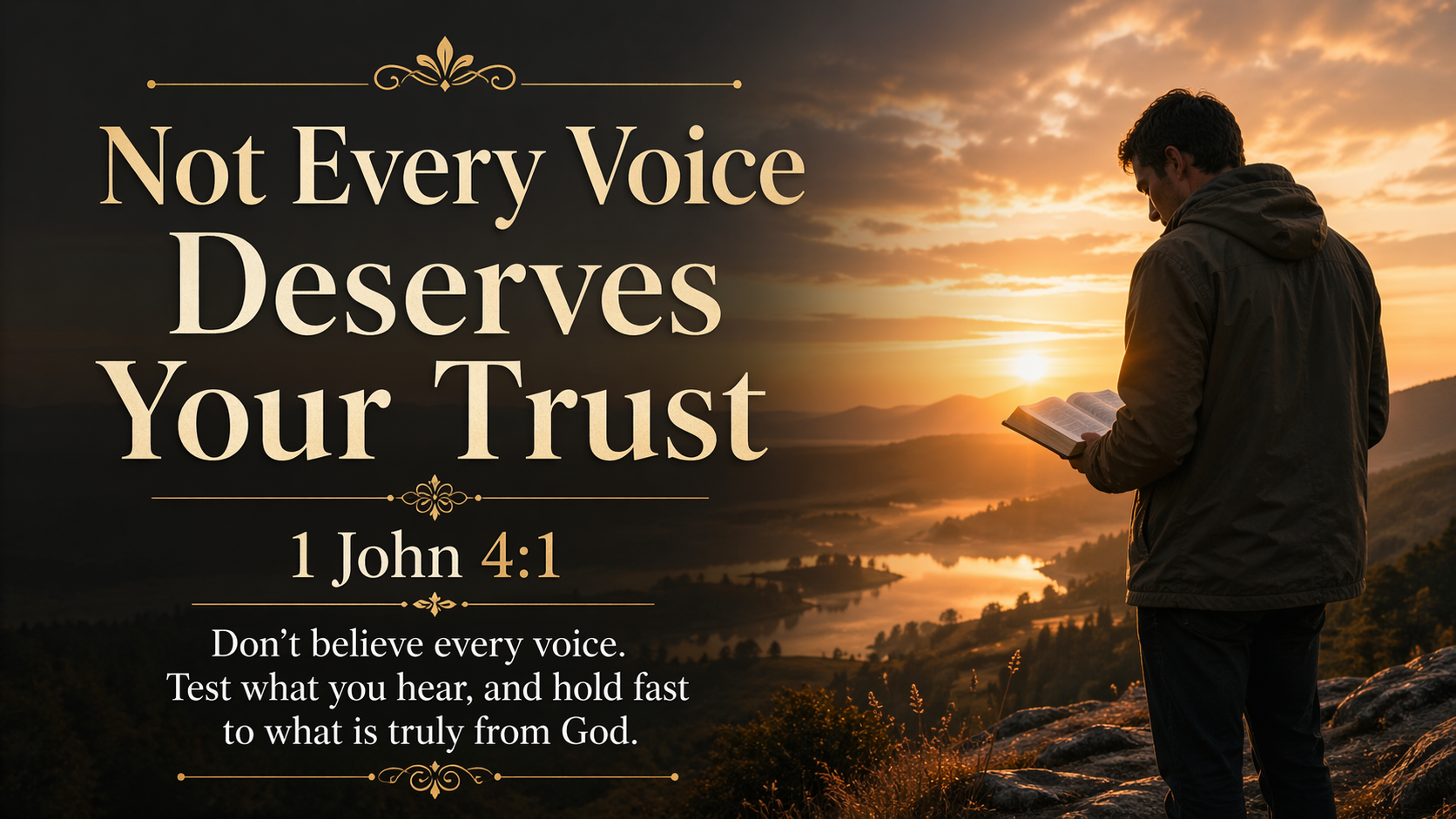 Not Every Voice Deserves Your Trust, a wide 16:9 photo-realistic image of a person standing quietly at dawn with an open Bible, listening for God’s direction