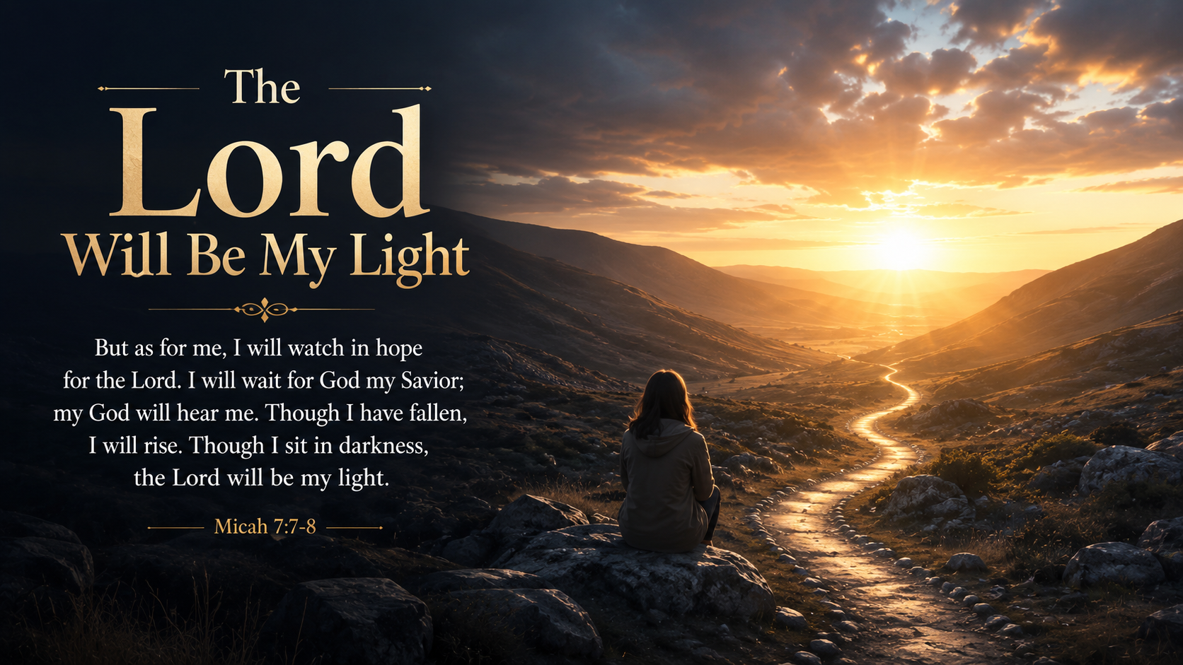 The Lord Will Be My Light — A wide 16:9 photo-realistic image of a person sitting in a dark valley as warm dawn light begins to rise beyond the hills. A narrow illuminated path leads forward, symbolizing the promise that though we may sit in darkness, the Lord will be our light and raise us up again. The image includes the title The Lord Will Be My Light and a paraphrase of Micah 7:7–8.