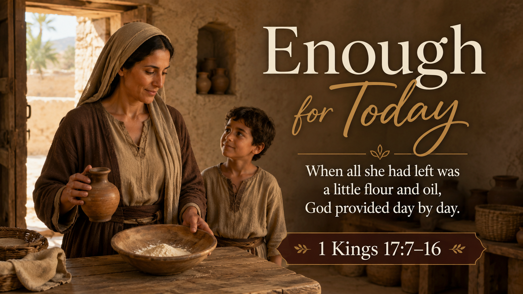 Enough for Today. A wide 16:9 photo-realistic image of the widow of Zarephath standing inside a simple ancient home, holding a small clay jar of oil beside a nearly empty bowl of flour. Her young son stands nearby as warm morning light enters through the doorway. The image includes the title Enough for Today and a paraphrase of 1 Kings 17:7–16.