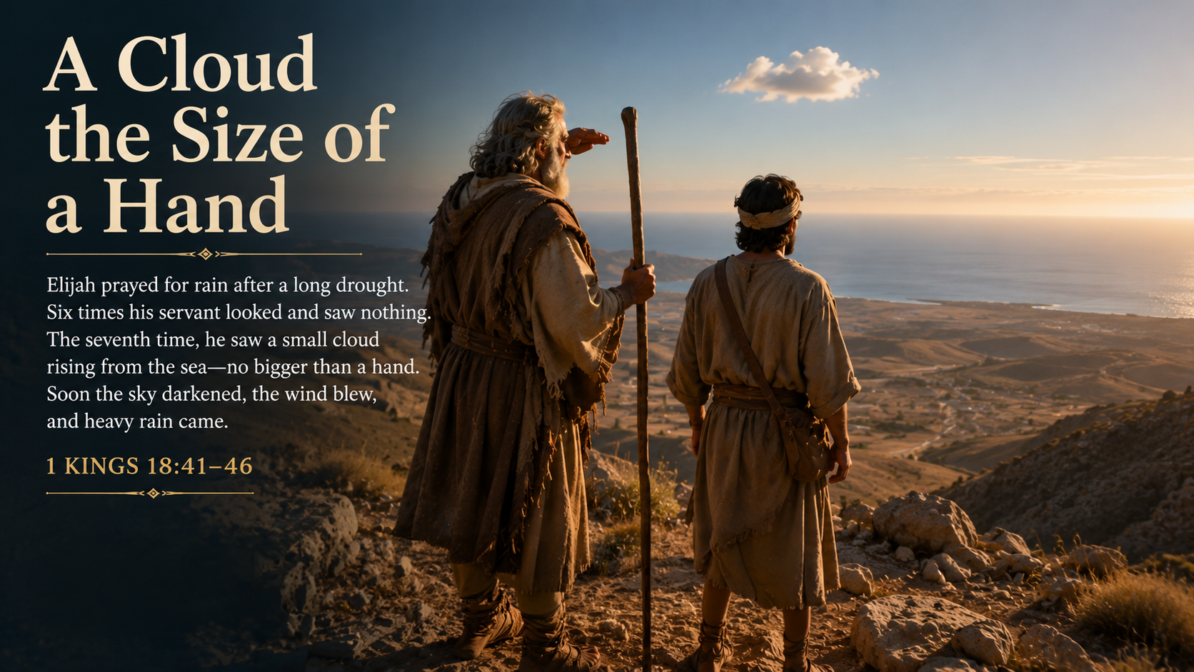 A Cloud the Size of a Hand. A wide 16:9 photo-realistic image of Elijah and his servant standing on Mount Carmel, looking toward the sea after a long drought. A single small cloud rises above the horizon while dry ground stretches below. The image includes the title A Cloud the Size of a Hand and a paraphrase of 1 Kings 18:41–46.