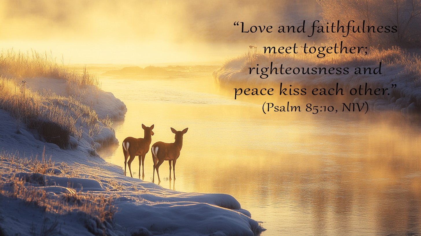 A golden sunrise reflects off a calm river winding through a frost-covered valley, symbolizing Advent peace and righteousness meeting in Psalm 85:8–13.