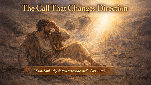 Title slide for “The Call That Changes Direction.” Saul lies on the ground on the road to Damascus, shielding his eyes from a blinding burst of light pouring down from the sky. The surrounding landscape is blurred and dramatic. Text reads, “Saul, Saul, why do you persecute me?” Acts 9:4.