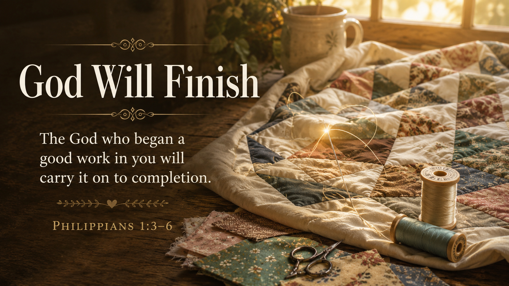 God Will Finish: A wide 16:9 photo-realistic image of an unfinished quilt spread across a wooden table, with warm light on the needle and thread, symbolizing God continuing His good work. The image includes the title God Will Finish and a paraphrase of Philippians 1:3–6.