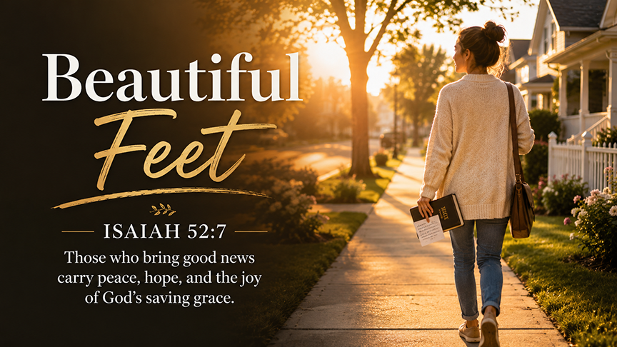 Beautiful Feet, a wide 16:9 photo-realistic image of a person walking along a quiet neighborhood sidewalk at sunrise, carrying a small Bible and a handwritten note, symbolizing the joy of bringing good news and peace. The image includes the title Beautiful Feet and a paraphrase of Isaiah 52:7.