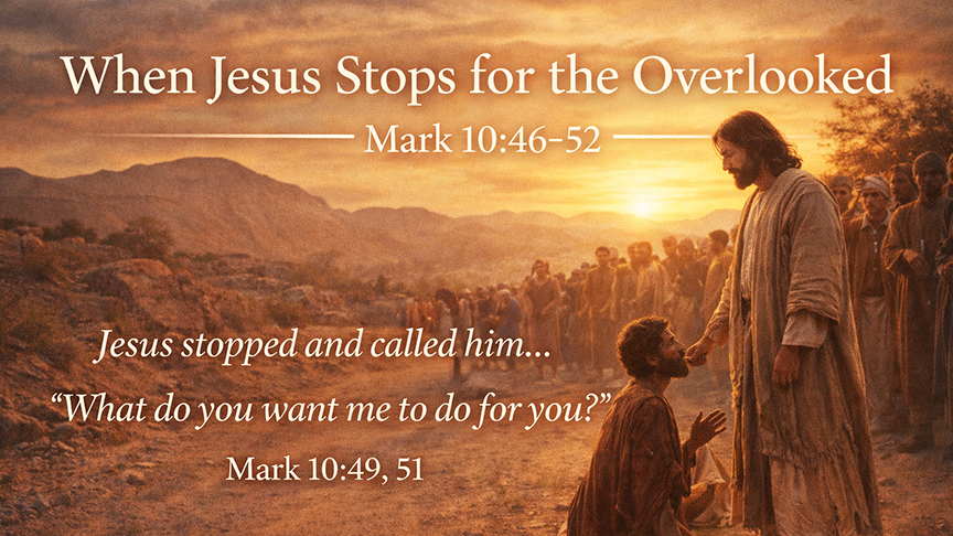 “When Jesus Stops for the Overlooked” A wide photo-realistic image of a dusty roadside near Jericho at sunset, with a solitary figure seated while a crowd pauses as Jesus turns toward him, reflecting Mark 10:46–52.