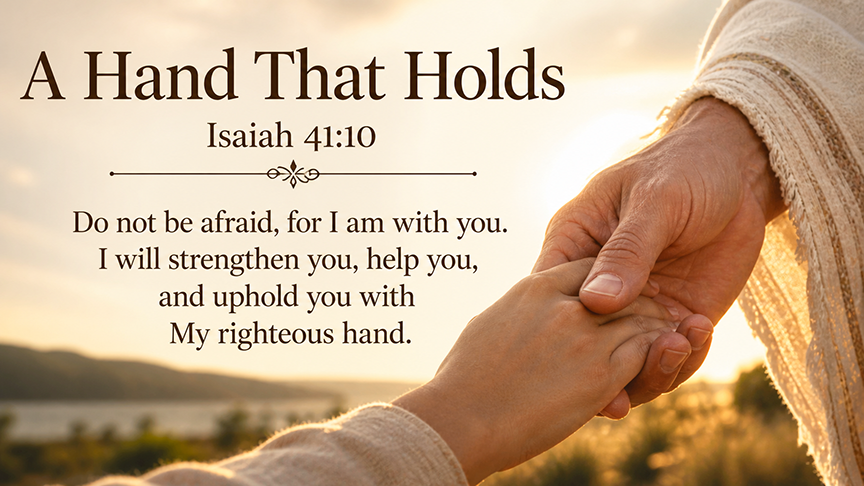 A Hand That Holds, a wide 16:9 photo-realistic image of two hands clasped gently in warm sunlight, symbolizing God’s promise to strengthen, help, and uphold His people. The image includes the title A Hand That Holds and a paraphrase of Isaiah 41:10.