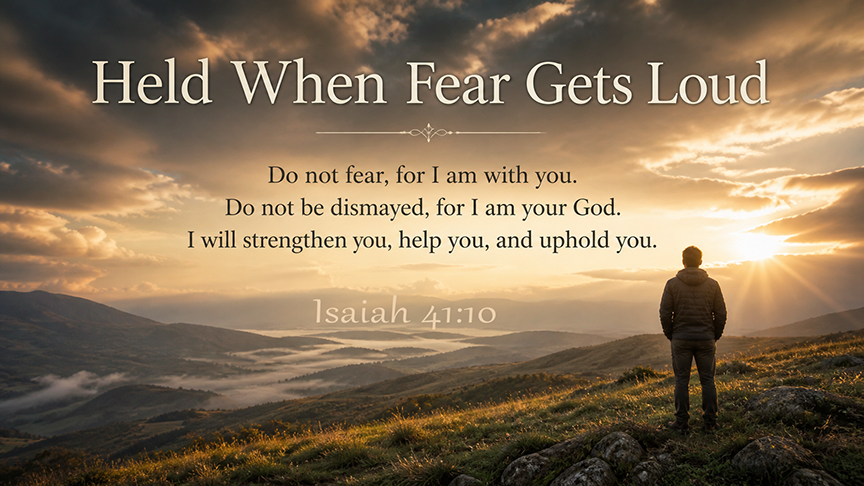 Held When Fear Gets Loud, a wide 16:9 photo-realistic image of a person standing on a quiet hillside at dawn while warm light breaks through heavy clouds, symbolizing God’s presence and strength in fearful moments. The image includes the title Held When Fear Gets Loud and a paraphrase of Isaiah 41:10.