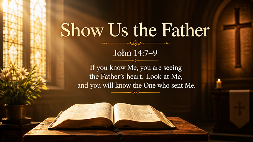Show Us the Father, a wide 16:9 photo-realistic image of warm sunlight streaming through church windows onto an open Bible, with a peaceful atmosphere that suggests revelation, trust, and grace.
