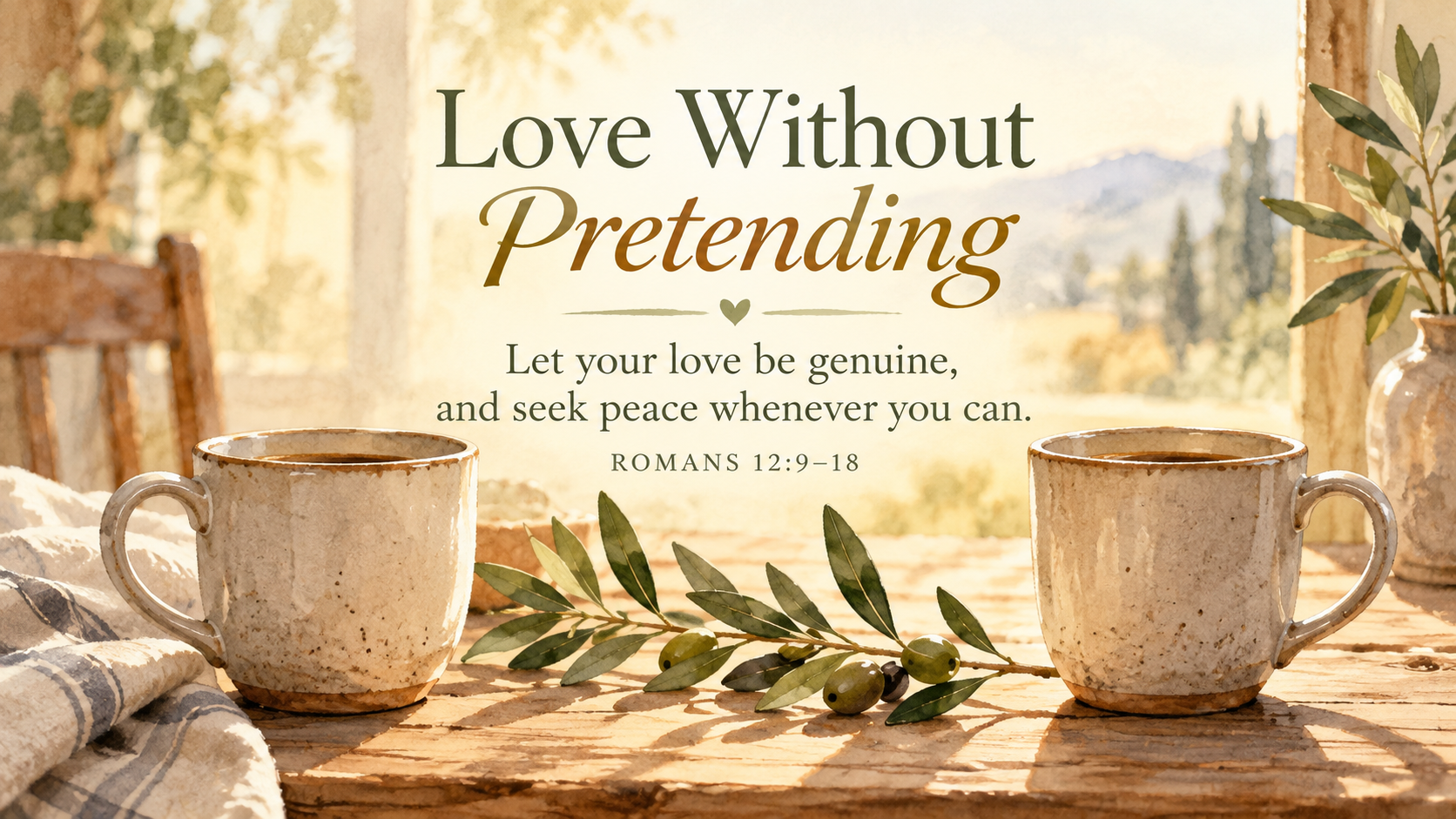Wide 16:9 gentle watercolor image of two simple ceramic mugs resting across from one another on a wooden table, with soft morning light between them. An olive branch symbolizes peace, reconciliation, and sincere love. Include the visible title "Love Without Pretending," the Scripture paraphrase "Let your love be genuine, and seek peace whenever you can," and "Romans 12:9&ndash;18."