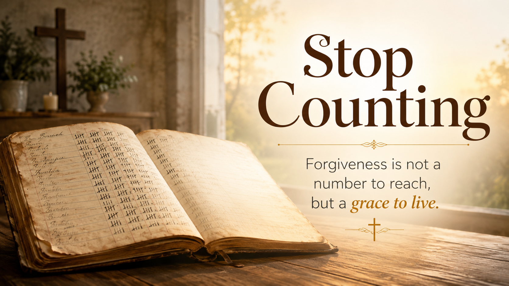 A wide, photo-realistic image of an old handwritten ledger lying open on a wooden table, with tally marks gradually fading into warm morning light. The image includes the title Stop Counting and the visible paraphrase: &ldquo;Forgiveness is not a number to reach, but a grace to live.&rdquo;