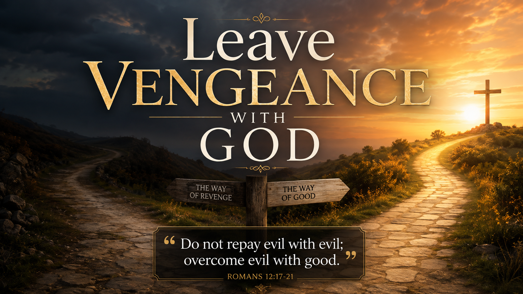 A wide, dramatic but peaceful image of two paths at dusk, one disappearing into shadow and the other illuminated by warm light. The image includes the title Leave Vengeance With God and the visible paraphrase: &ldquo;Do not repay evil with evil; overcome evil with good.&rdquo;