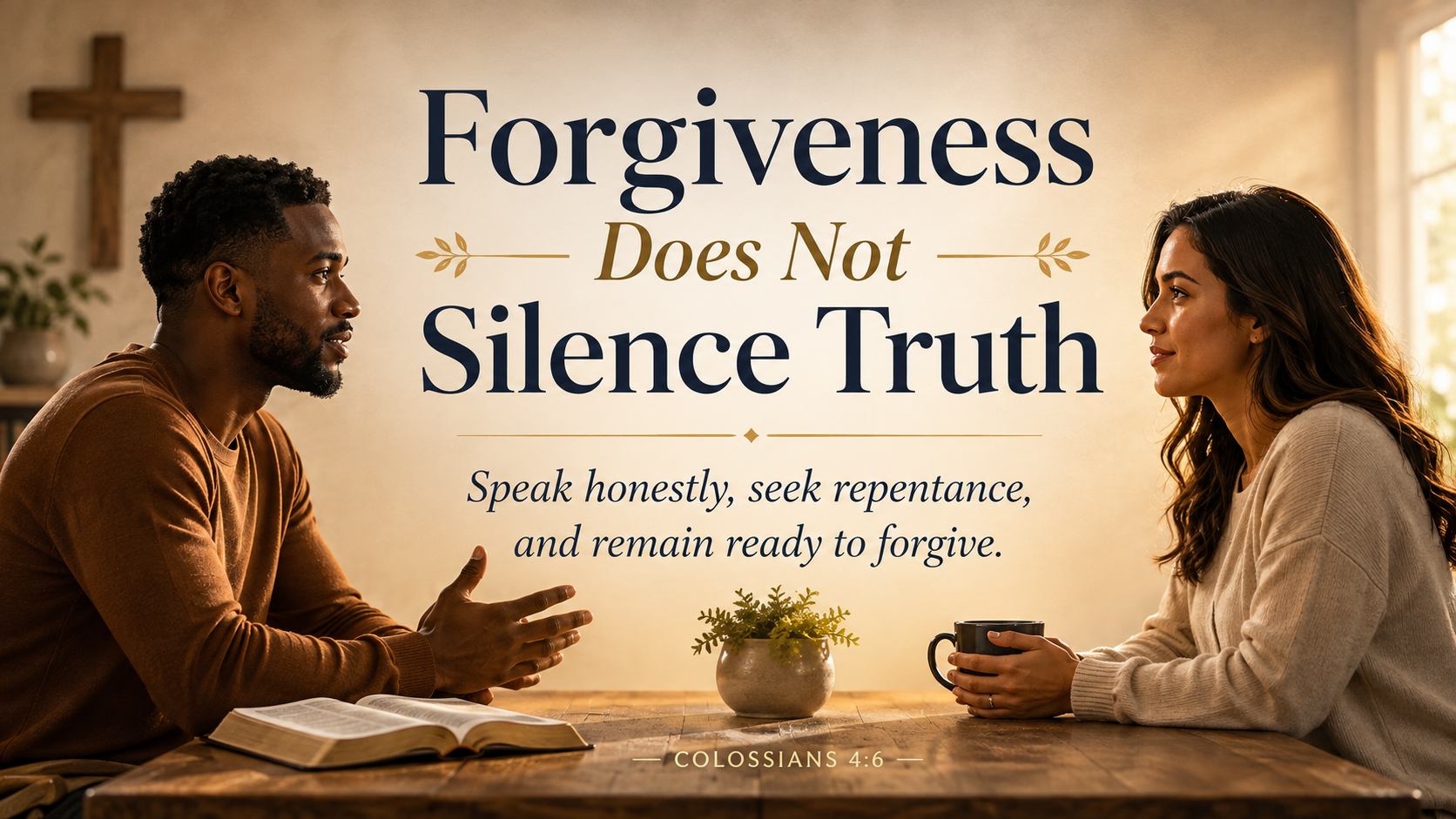 A wide, photo-realistic image of two people seated across from one another at a simple wooden table, with open posture and warm light between them. The image includes the title Forgiveness Does Not Silence Truth and the visible paraphrase: &ldquo;Speak honestly, seek repentance, and remain ready to forgive.&rdquo;