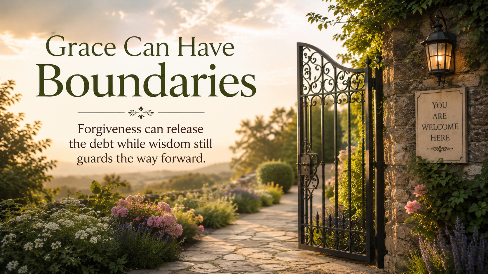A wide, photo-realistic image of a garden gate standing partly open along a peaceful stone path, symbolizing both welcome and wise boundaries. The image includes the title Grace Can Have Boundaries and the visible paraphrase: &ldquo;Forgiveness can release the debt while wisdom still guards the way forward.&rdquo;