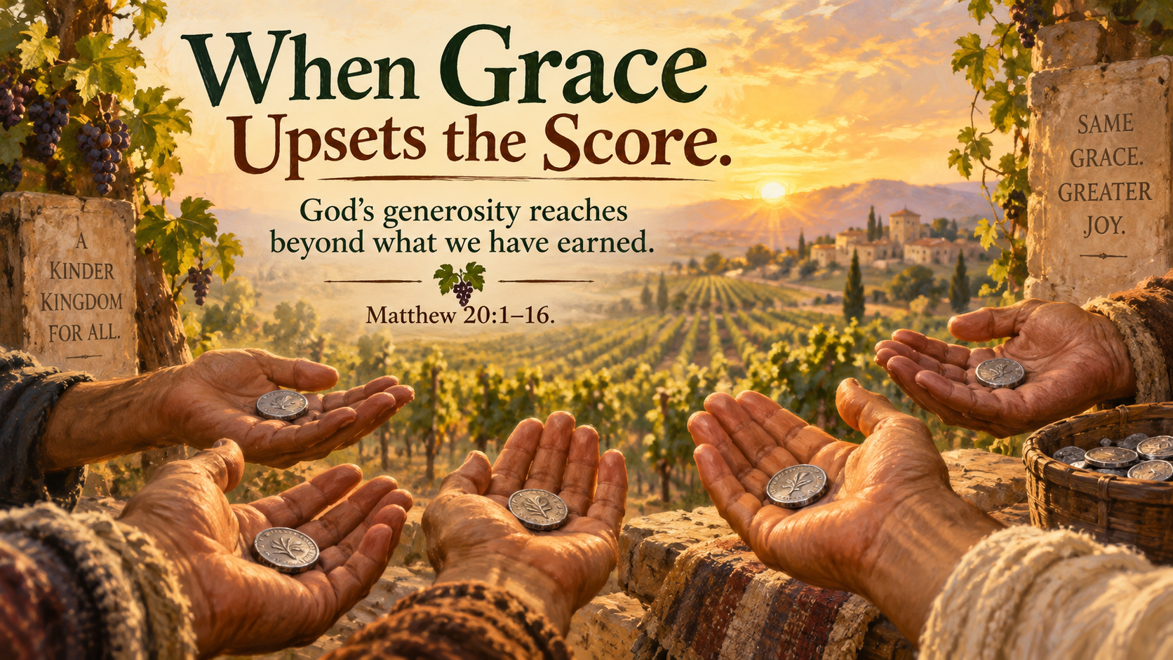 Wide 16:9 painterly image of several open hands, each holding a silver coin, with vineyard rows softly visible behind them. Warm evening light suggests generous provision. Visible title: &ldquo;When Grace Upsets the Score.&rdquo; Visible Scripture paraphrase: &ldquo;God&rsquo;s generosity reaches beyond what we have earned.&rdquo; Include &ldquo;Matthew 20:1&ndash;16.&rdquo;
