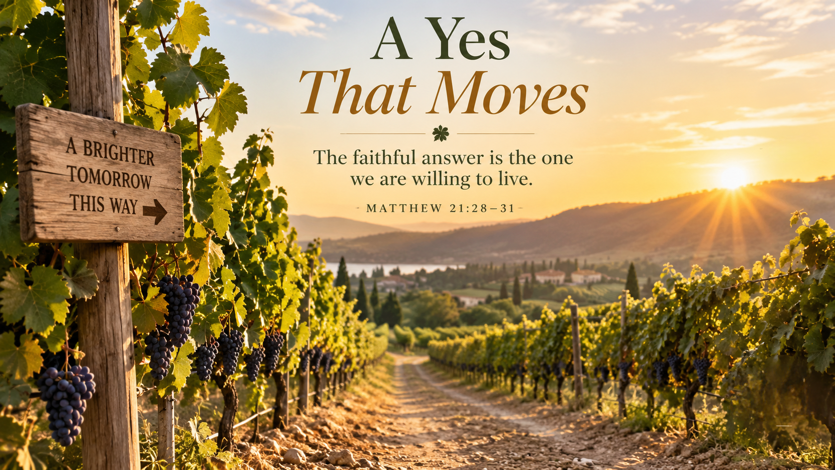 A wide, photo-realistic image of a sunlit path leading between rows of grapevines in a vineyard, suggesting movement and a new direction. The image includes the title A Yes That Moves and the visible paraphrase: &ldquo;The faithful answer is the one we are willing to live.&rdquo;