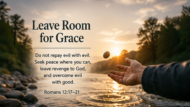 Leave Room for Grace A wide image of an open hand releasing a small stone beside a peaceful river at sunset, symbolizing surrender and freedom from revenge. The image includes the title Leave Room for Grace and the paraphrase, &ldquo;Do not repay evil with evil. Seek peace where you can, leave revenge to God, and overcome evil with good.&rdquo;