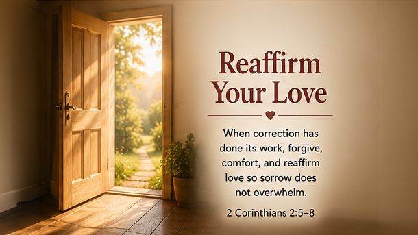 A wide image of an open doorway filled with warm morning light, with a person stepping from shadow into brightness. The image includes the title Reaffirm Your Love and the paraphrase, &ldquo;When correction has done its work, forgive, comfort, and reaffirm love so sorrow does not overwhelm.&rdquo;