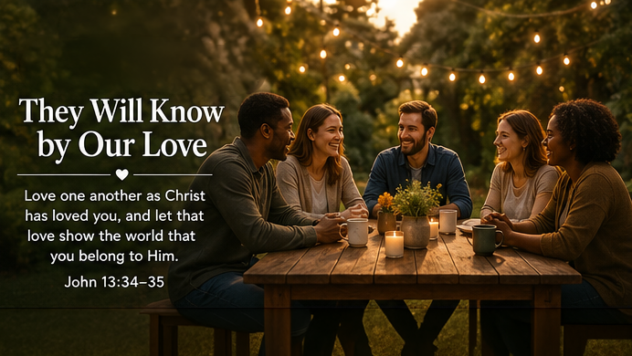 A wide image of several people gathered around a simple table in warm evening light, sharing conversation and fellowship. The image includes the title They Will Know by Our Love and the paraphrase, &ldquo;Love one another as Christ has loved you, and let that love show the world that you belong to Him.&rdquo;