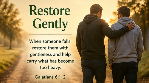 Restore Gently A wide image of one person gently helping another stand on a quiet path in soft morning light, symbolizing restoration and shared burdens. The image includes the title Restore Gently and the paraphrase, &ldquo;When someone falls, restore them with gentleness and help carry what has become too heavy.&rdquo;