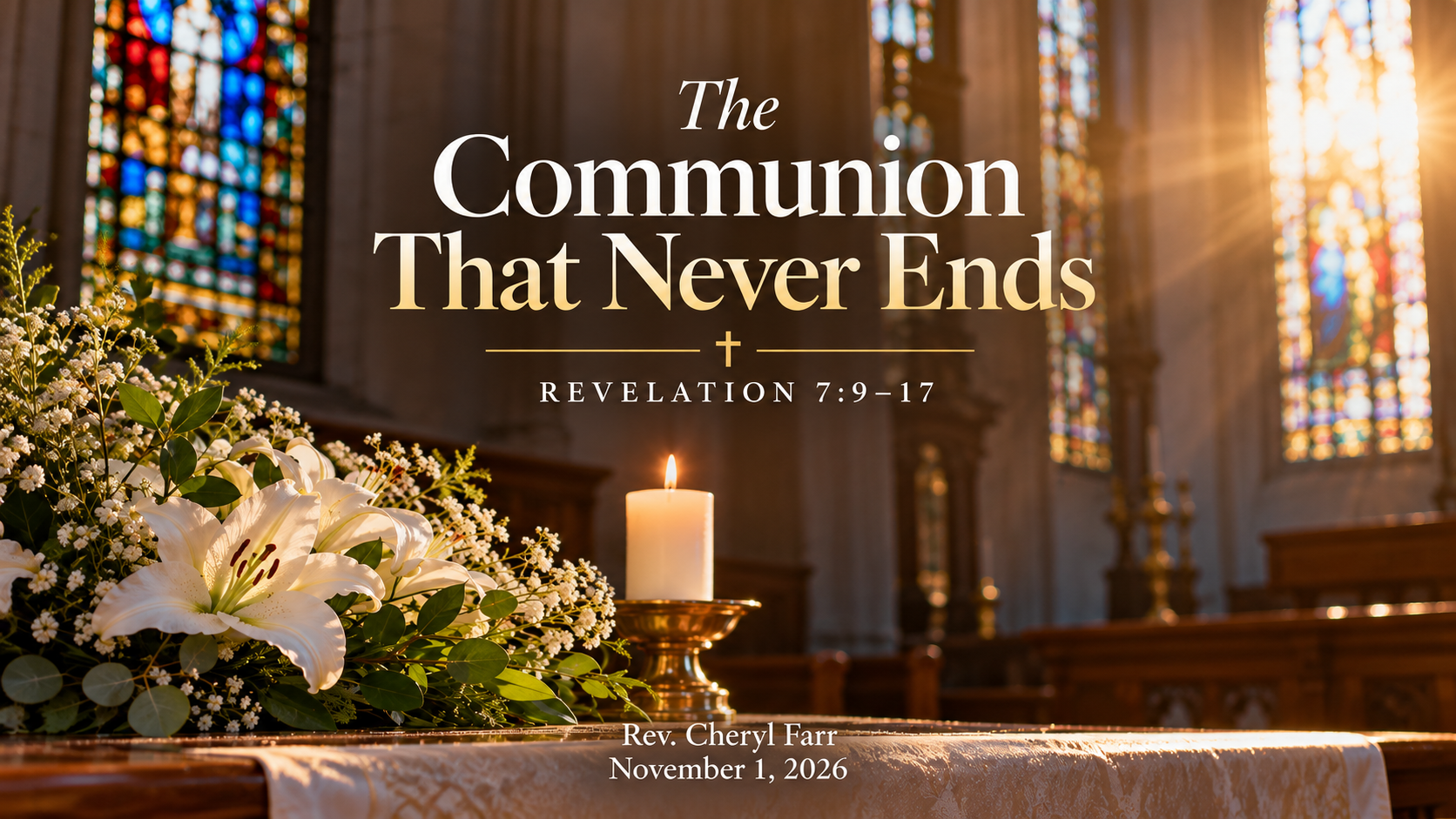 Love at the Center sermon graphic for Matthew 22:34&ndash;46, featuring a heart-shaped design with the words Love God and Love Your Neighbor, an open Bible, a golden crown symbolizing Christ's authority, and a warm sunrise over Jerusalem. Includes Rev. Cheryl Farr and October 25, 2026.