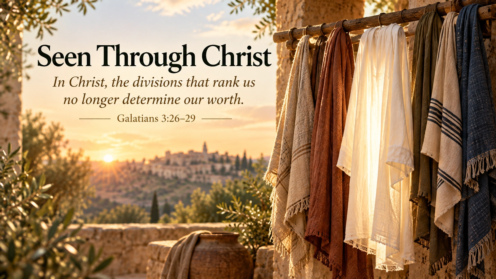 Seen Through Christ devotional image showing varied garments together in warm light, illustrating shared dignity and identity in Christ from Galatians 3:26&ndash;29.