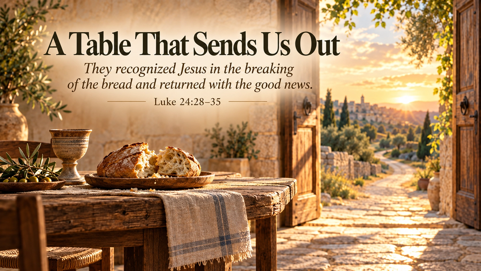 A Table That Sends Us Out devotional image showing broken bread beside an open doorway leading to a road, reflecting the Emmaus story in Luke 24:28&ndash;35.