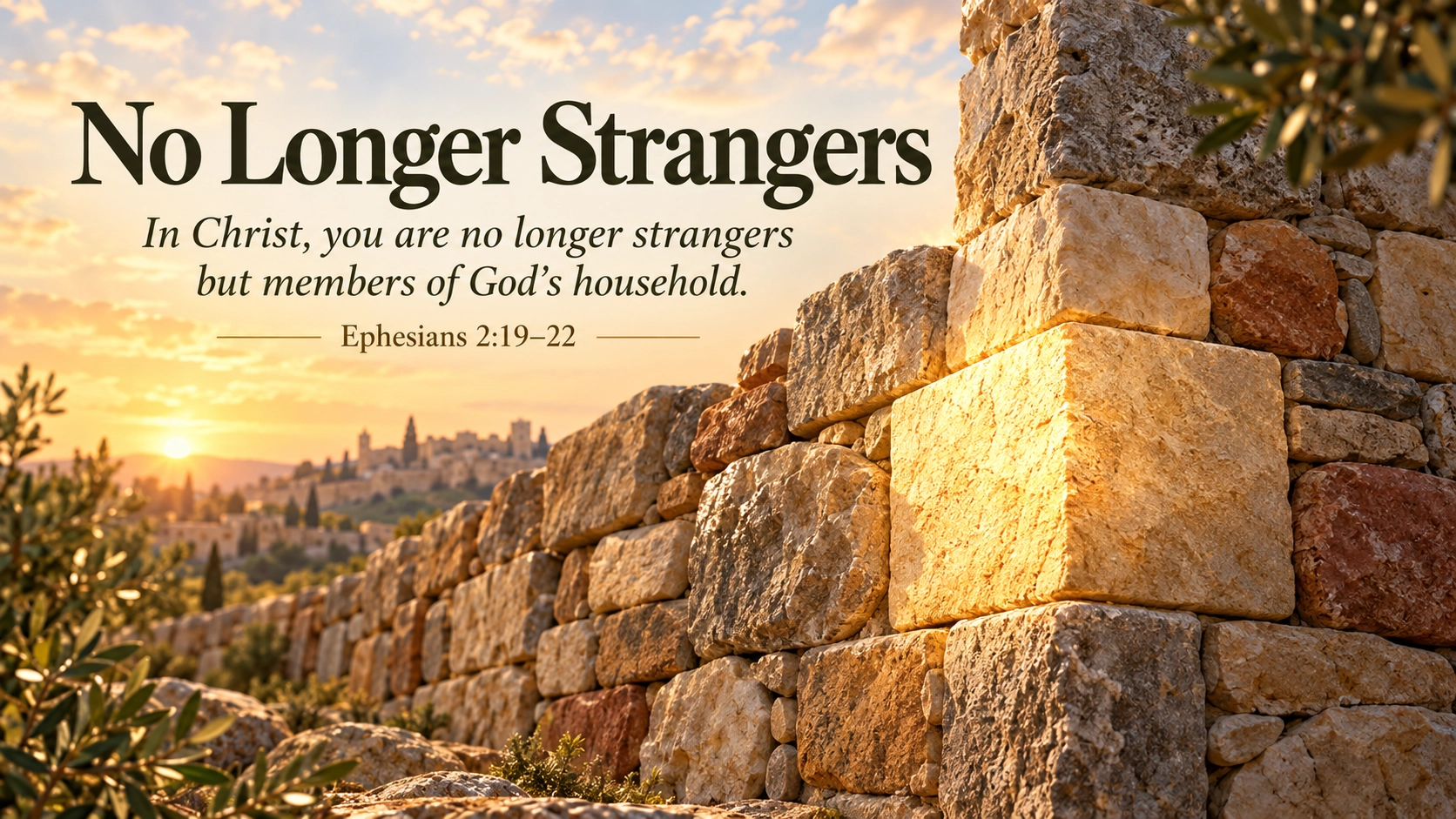 No Longer Strangers devotional image showing varied stones joined around a cornerstone, illustrating belonging in God&rsquo;s household from Ephesians 2:19&ndash;22.