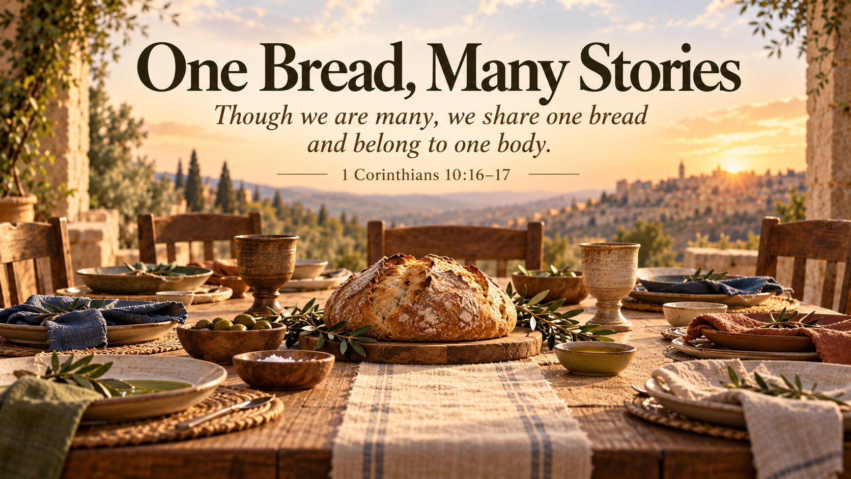 One Bread, Many Stories devotional image showing one loaf surrounded by varied place settings, reflecting the unity of Christ&rsquo;s body in 1 Corinthians 10:16&ndash;17.