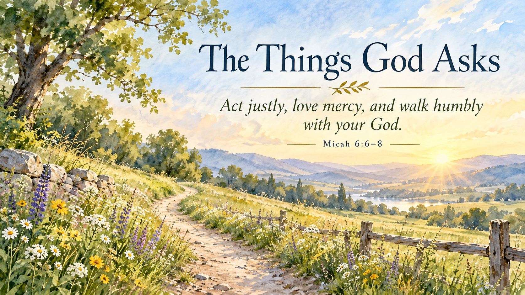 Wide 16:9 watercolor landscape showing a peaceful country pathway winding through a meadow toward soft morning light. Small wildflowers grow along the path, suggesting humility and simple faithfulness. Include the visible title "The Things God Asks," the Scripture paraphrase "Act justly, love mercy, and walk humbly with your God," and "Micah 6:6&ndash;8."