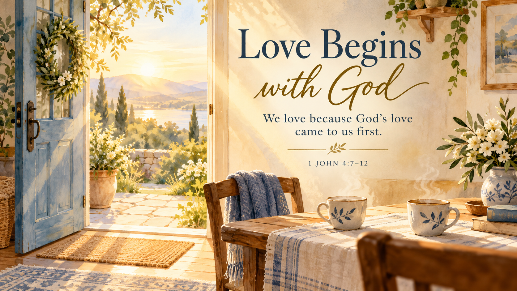 Wide 16:9 watercolor-style image of warm morning sunlight shining through an open doorway into a welcoming home. A simple table with two cups suggests hospitality and room for another person. Soft gold, cream, and muted blue tones create a peaceful atmosphere. Include the visible title "Love Begins with God," the Scripture paraphrase "We love because God's love came to us first," and the reference "1 John 4:7&ndash;12." Clear, elegant lettering with no identifiable people.